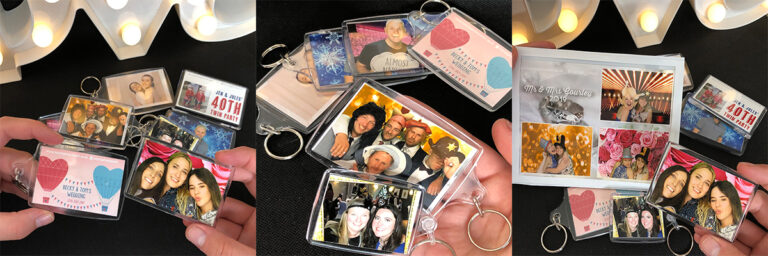 Personalized photo keychains featuring event memories and themed designs.